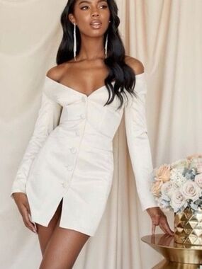 house of cb giorgiana dress ivory House of CB Giorgiana Satin Draped Mini Dress in Ivory Size L / AU 12